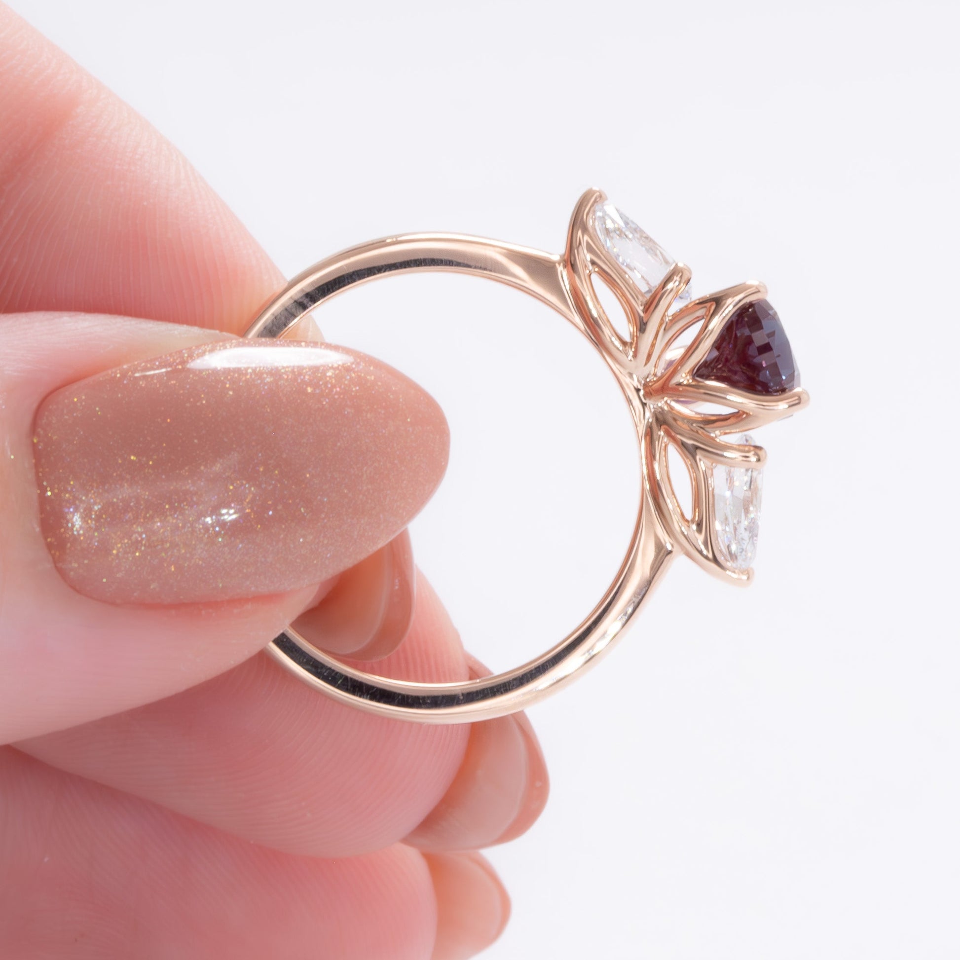 tawnee three stone ring with lab alexandrite pear