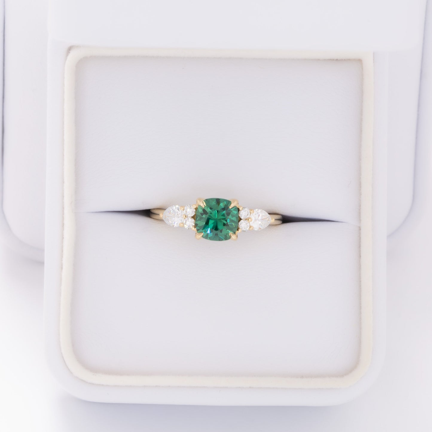 teagan 3 stone ring with cushion green lab sapphire