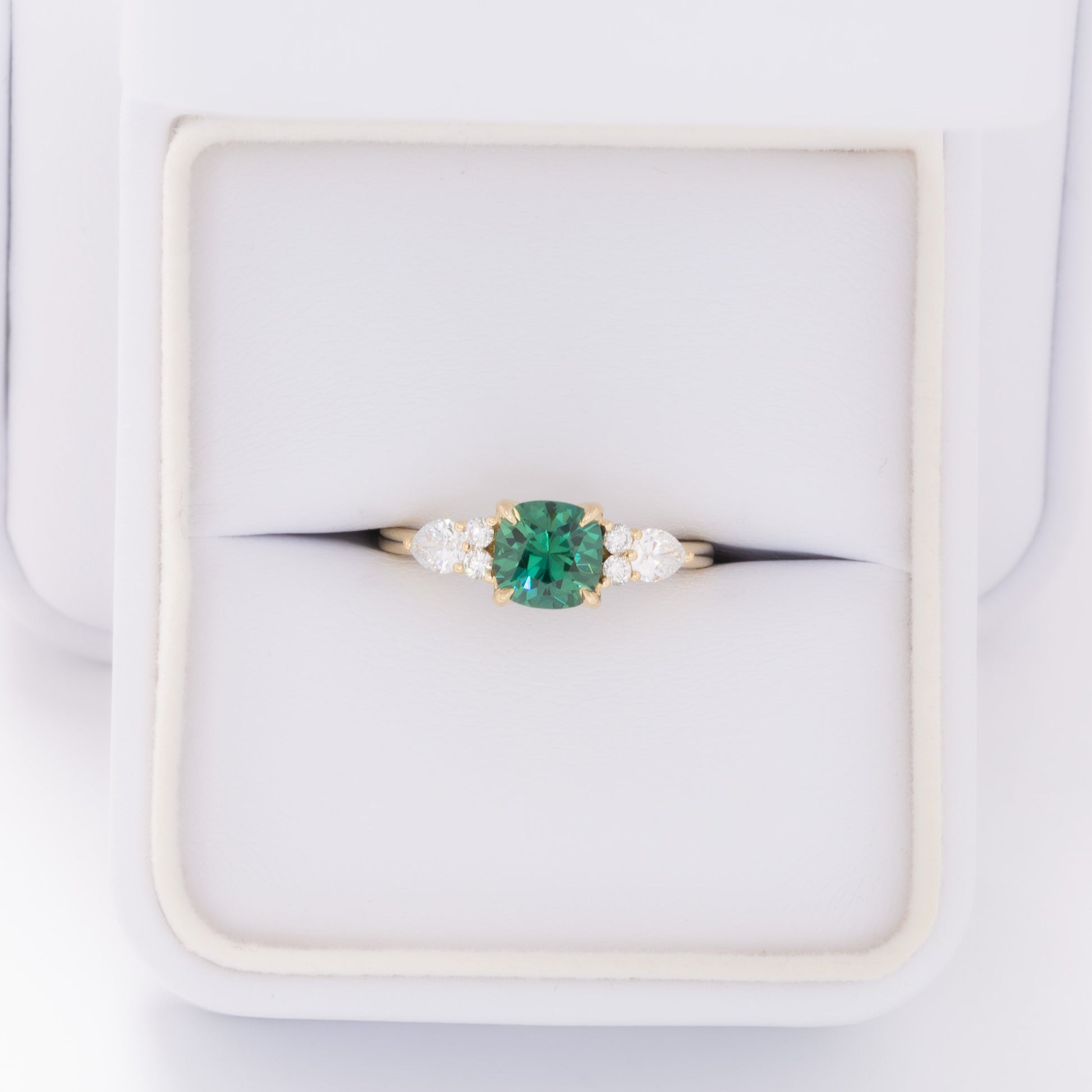 teagan 3 stone ring with cushion green lab sapphire