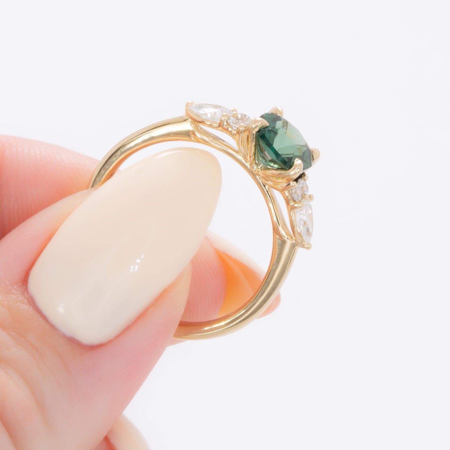 teagan 3 stone ring with cushion green lab sapphire