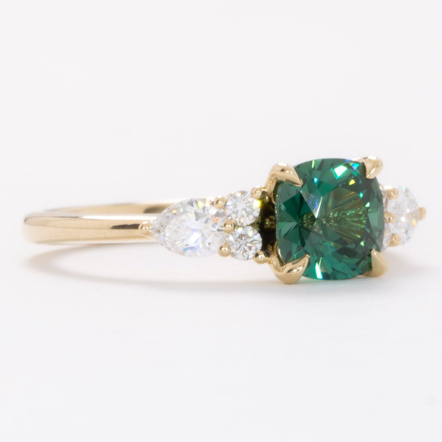 teagan 3 stone ring with cushion green lab sapphire