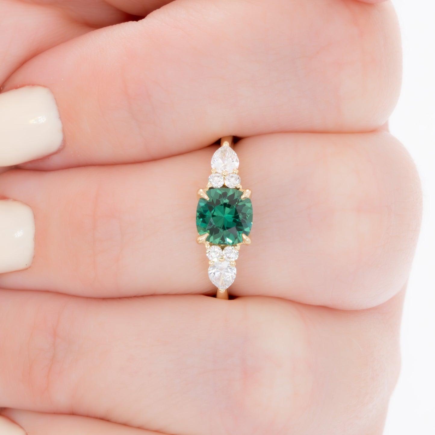 teagan 3 stone ring with cushion green lab sapphire