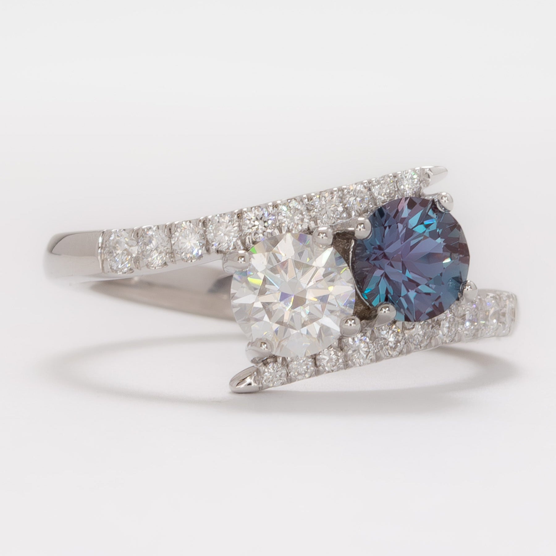 toi et moi bypass ring with moissanite and lab alexandrite