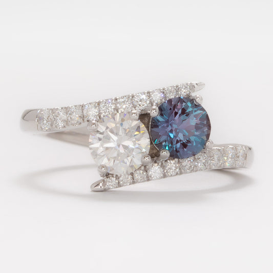 toi et moi bypass ring with moissanite and lab alexandrite