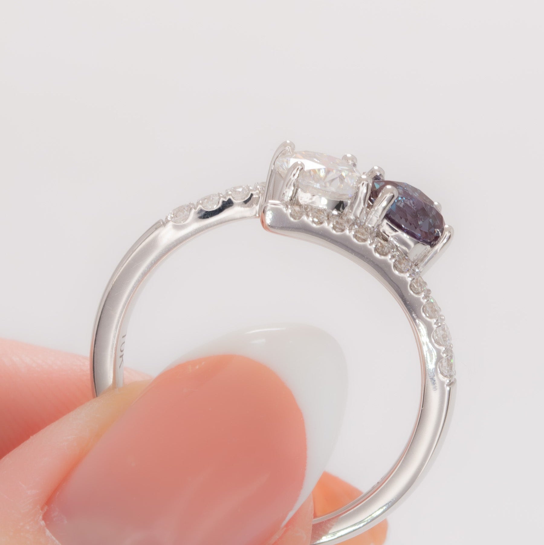 toi et moi bypass ring with moissanite and lab alexandrite