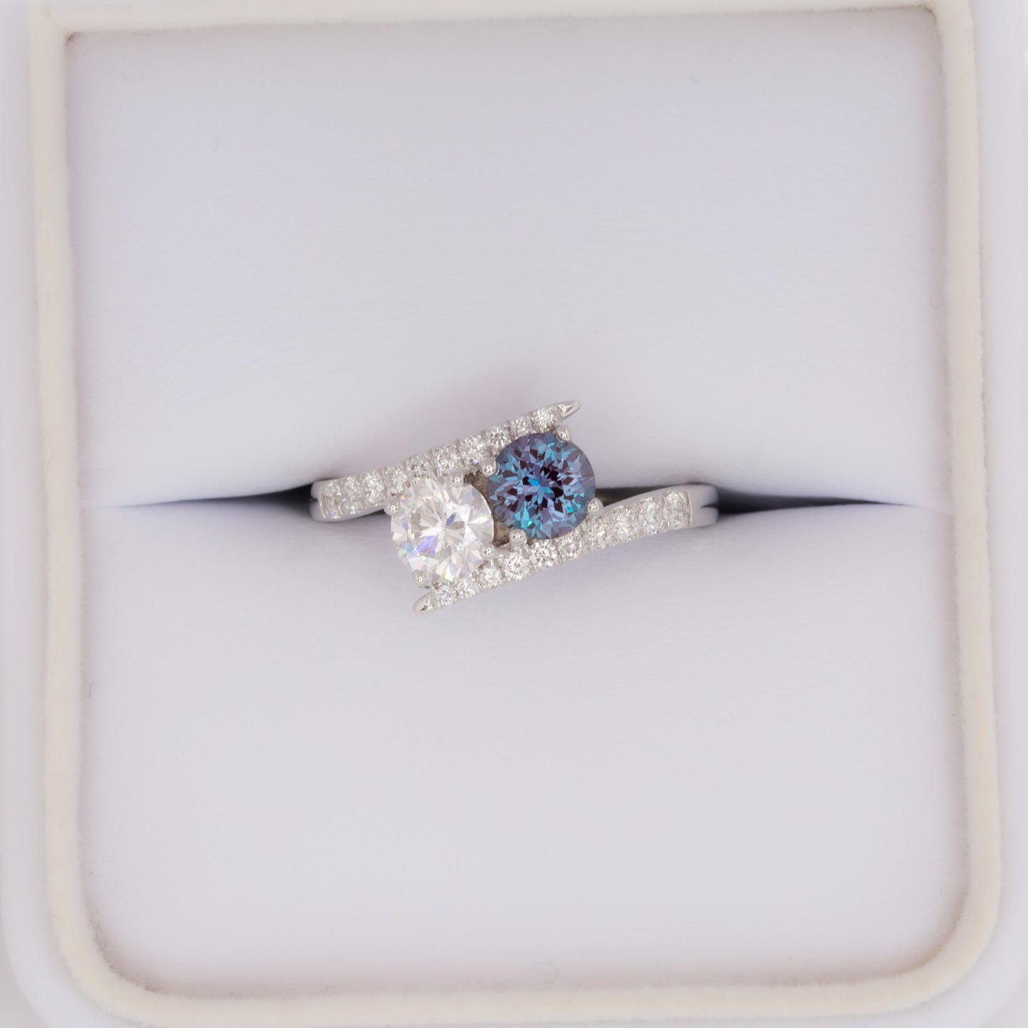toi et moi bypass ring with moissanite and lab alexandrite