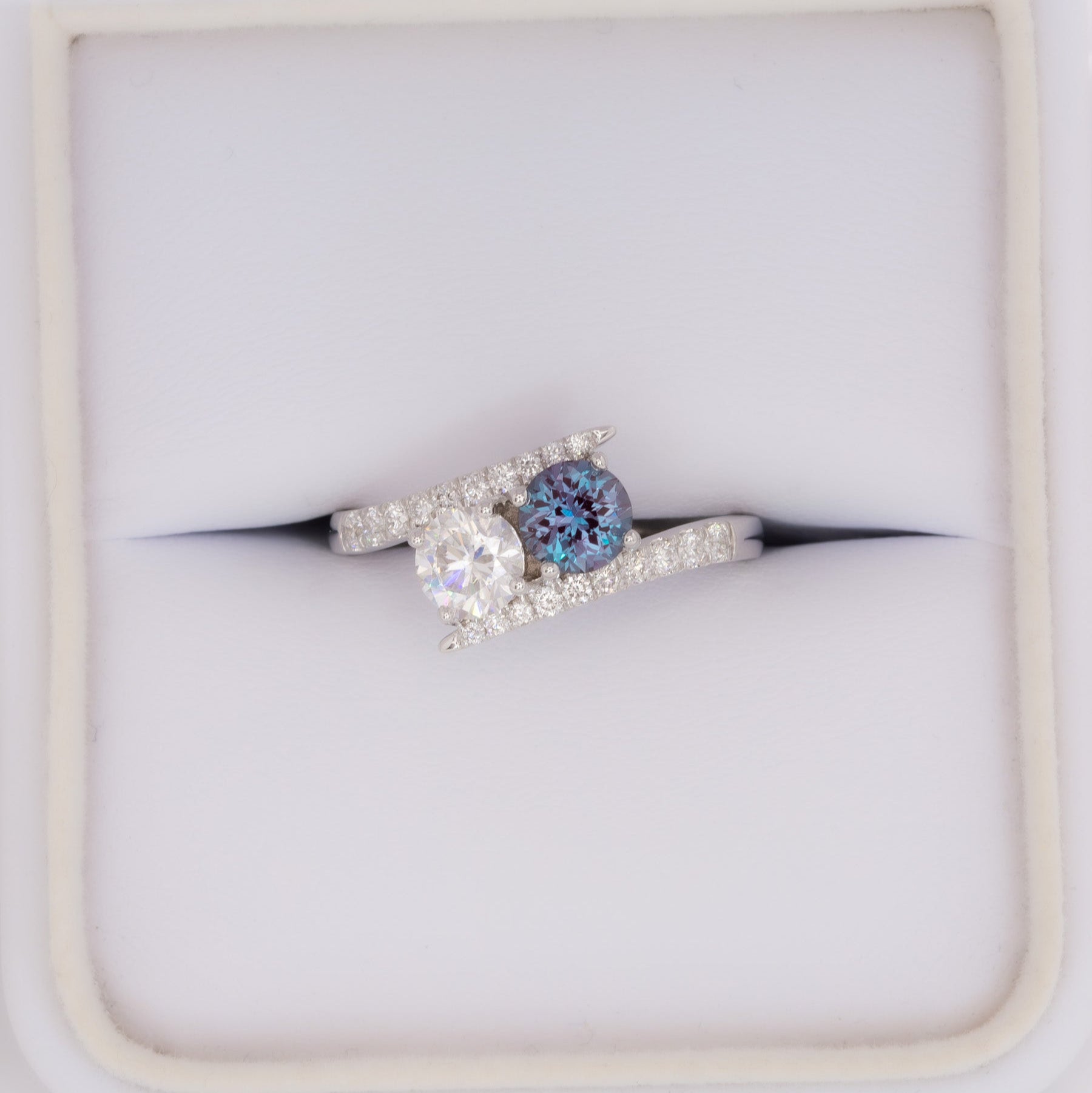 toi et moi bypass ring with moissanite and lab alexandrite