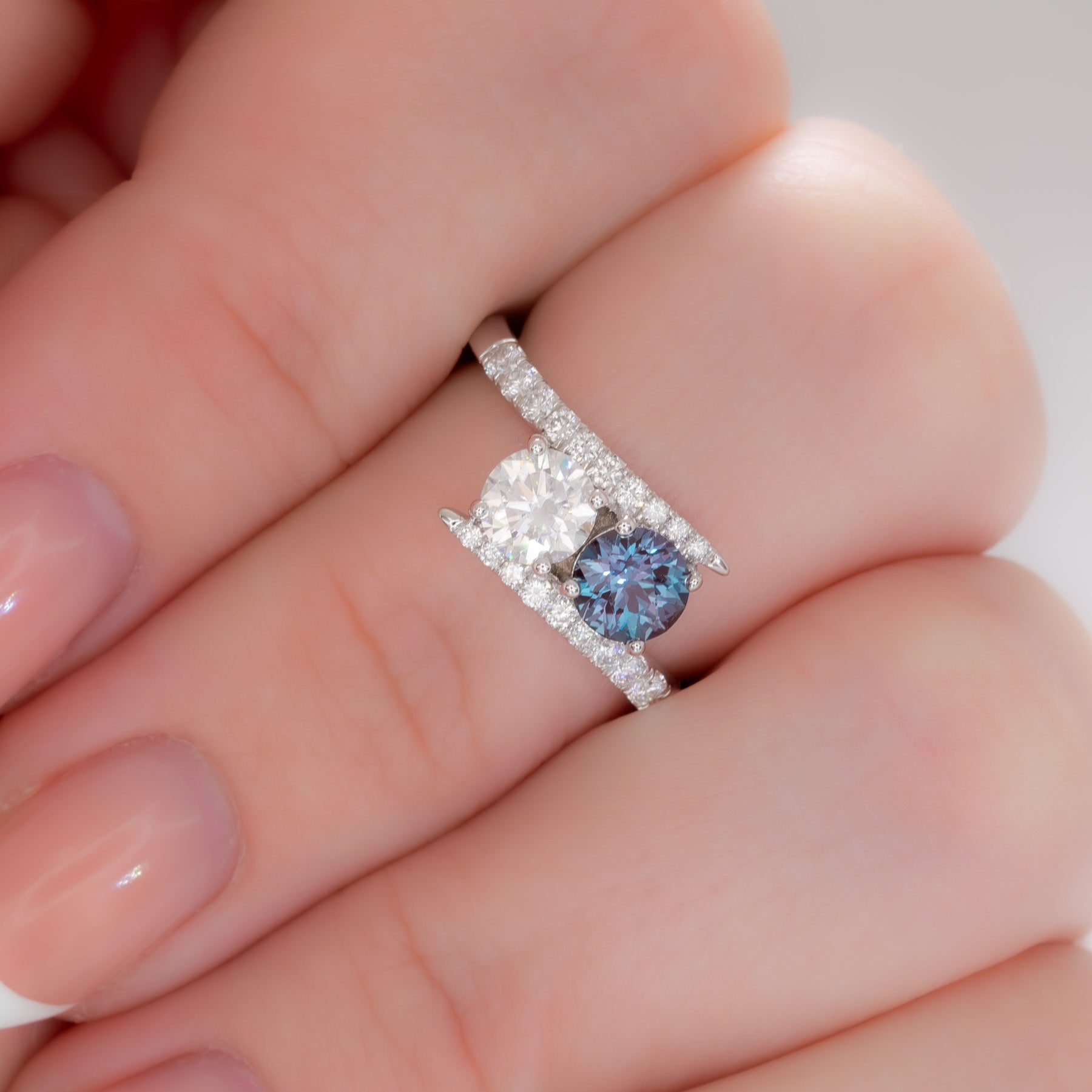 toi et moi bypass ring with moissanite and lab alexandrite