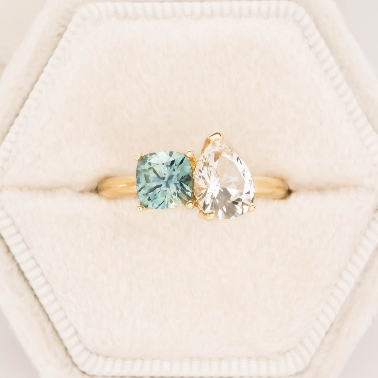 toi et moi montana sapphire and lab sapphire engagement ring