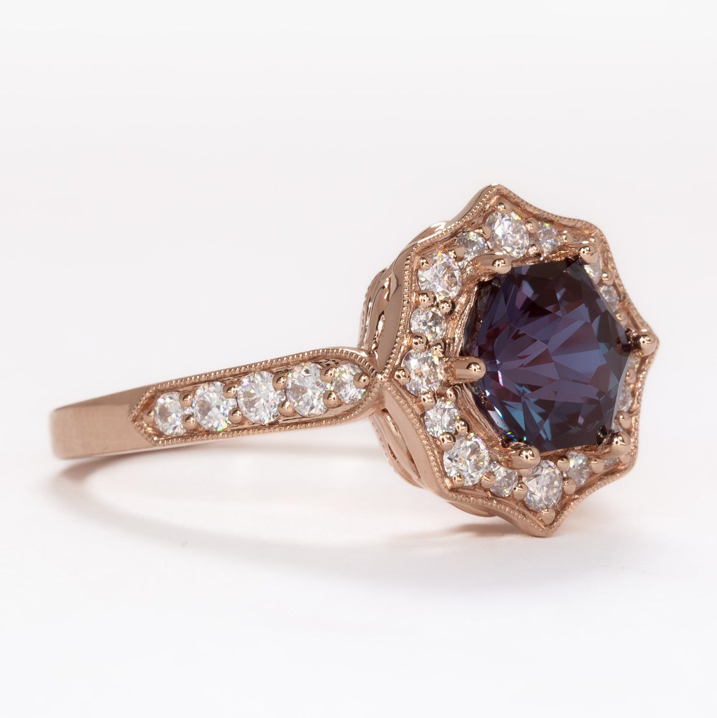 violet art deco halo engagement ring in rose gold with hex lab alexandrite