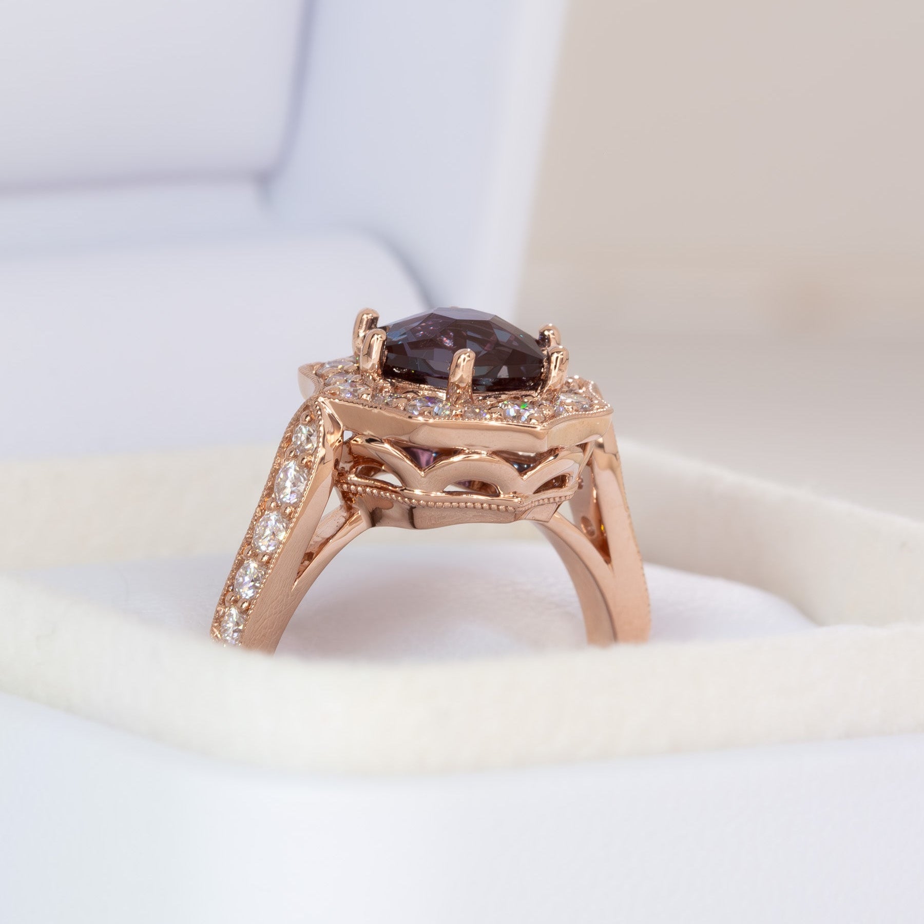 violet art deco halo engagement ring in rose gold with hex lab alexandrite