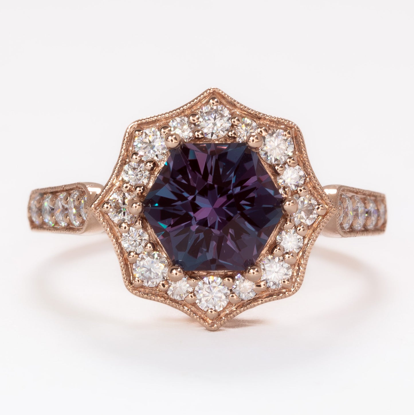 violet art deco halo engagement ring in rose gold with hex lab alexandrite
