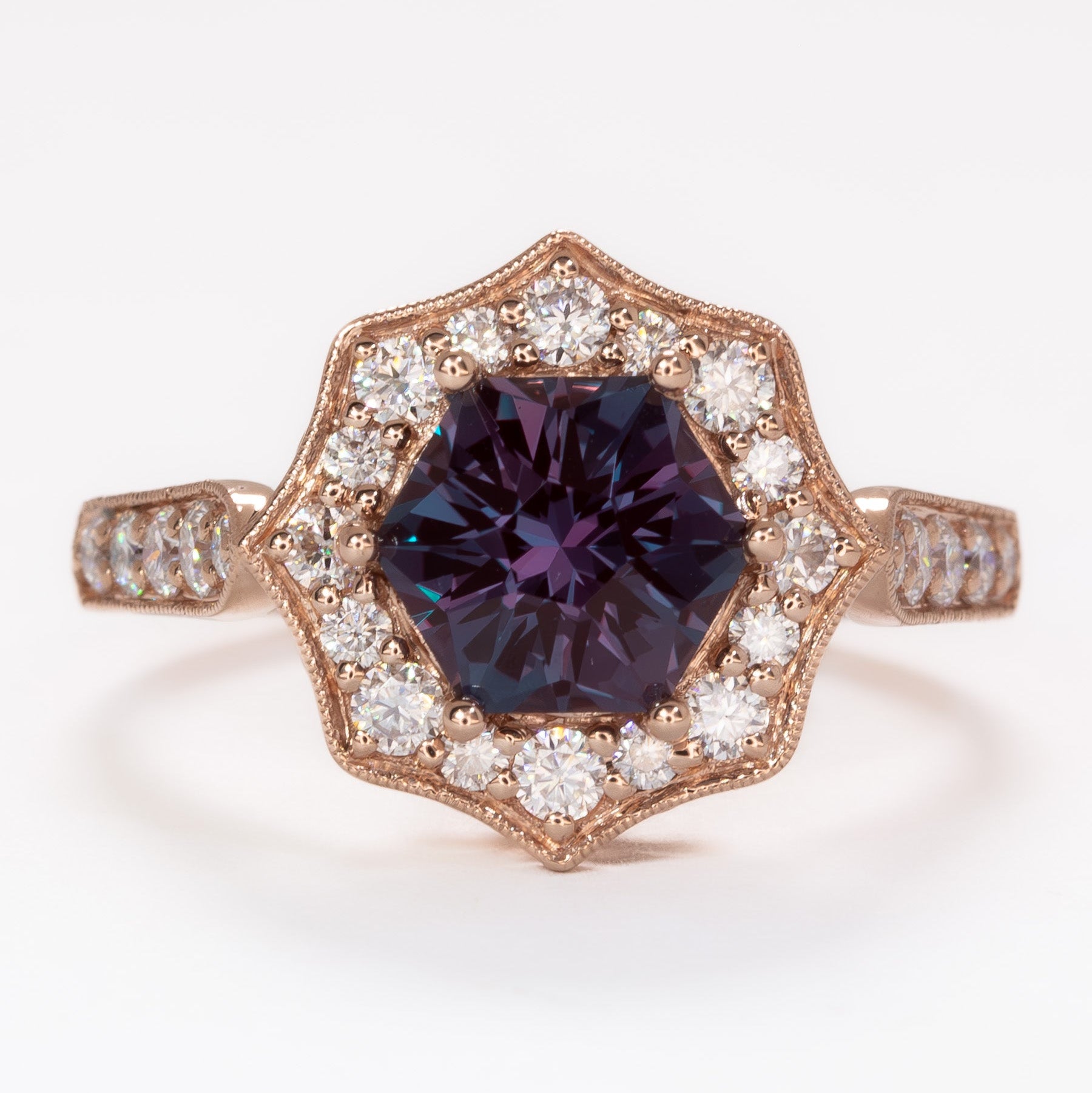 violet art deco halo engagement ring in rose gold with hex lab alexandrite