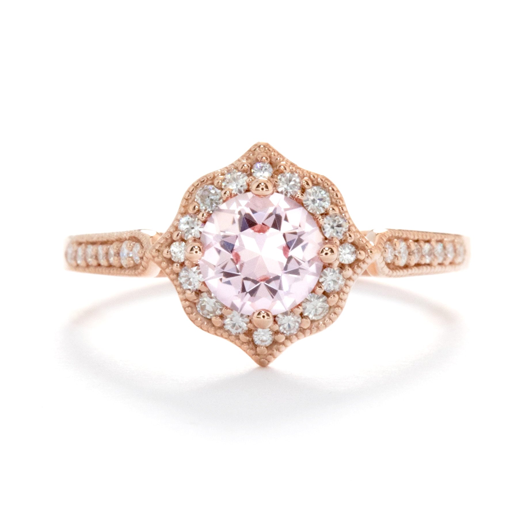 violet engagement ring with peach lab sapphire round in rose gold