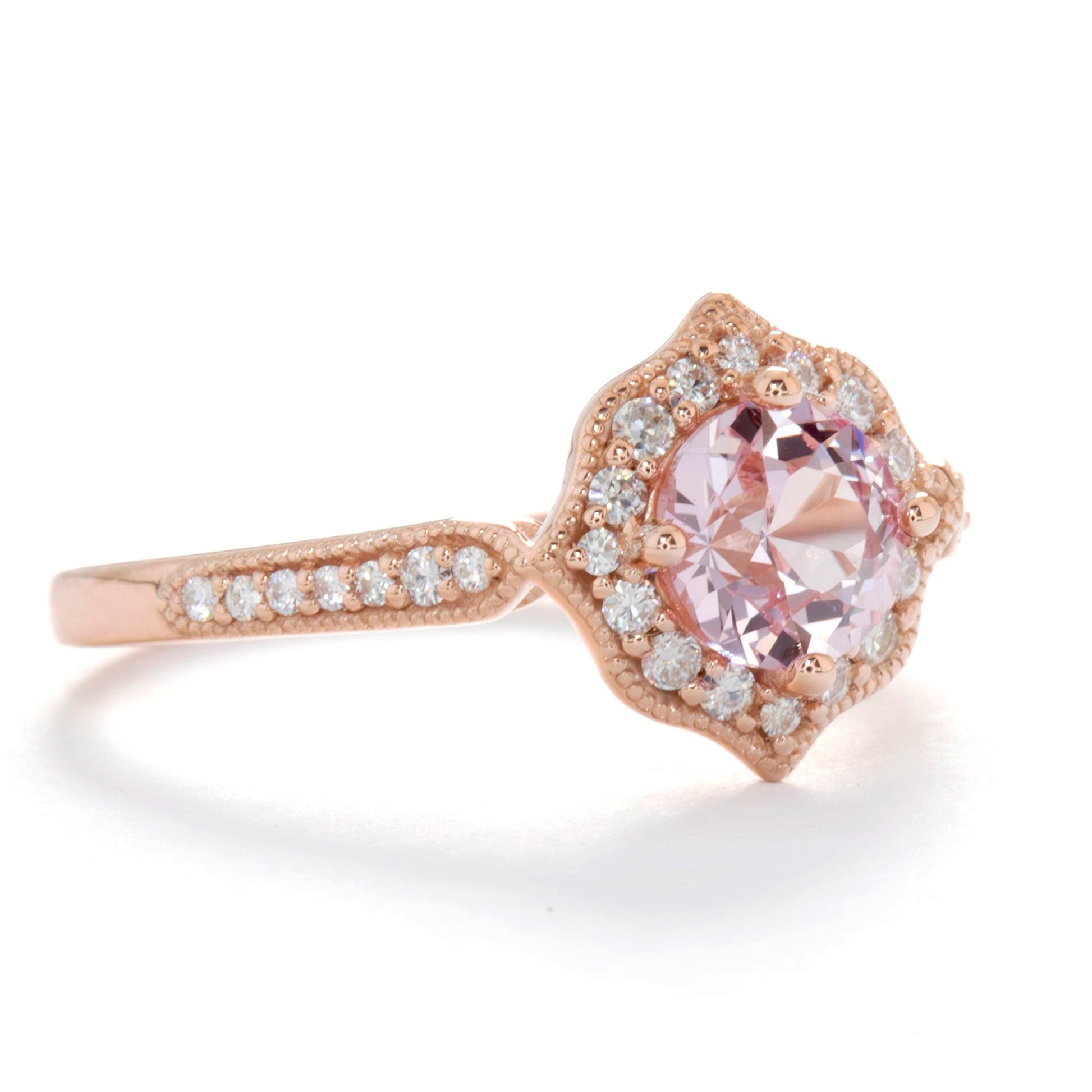 violet engagement ring with peach lab sapphire round in rose gold