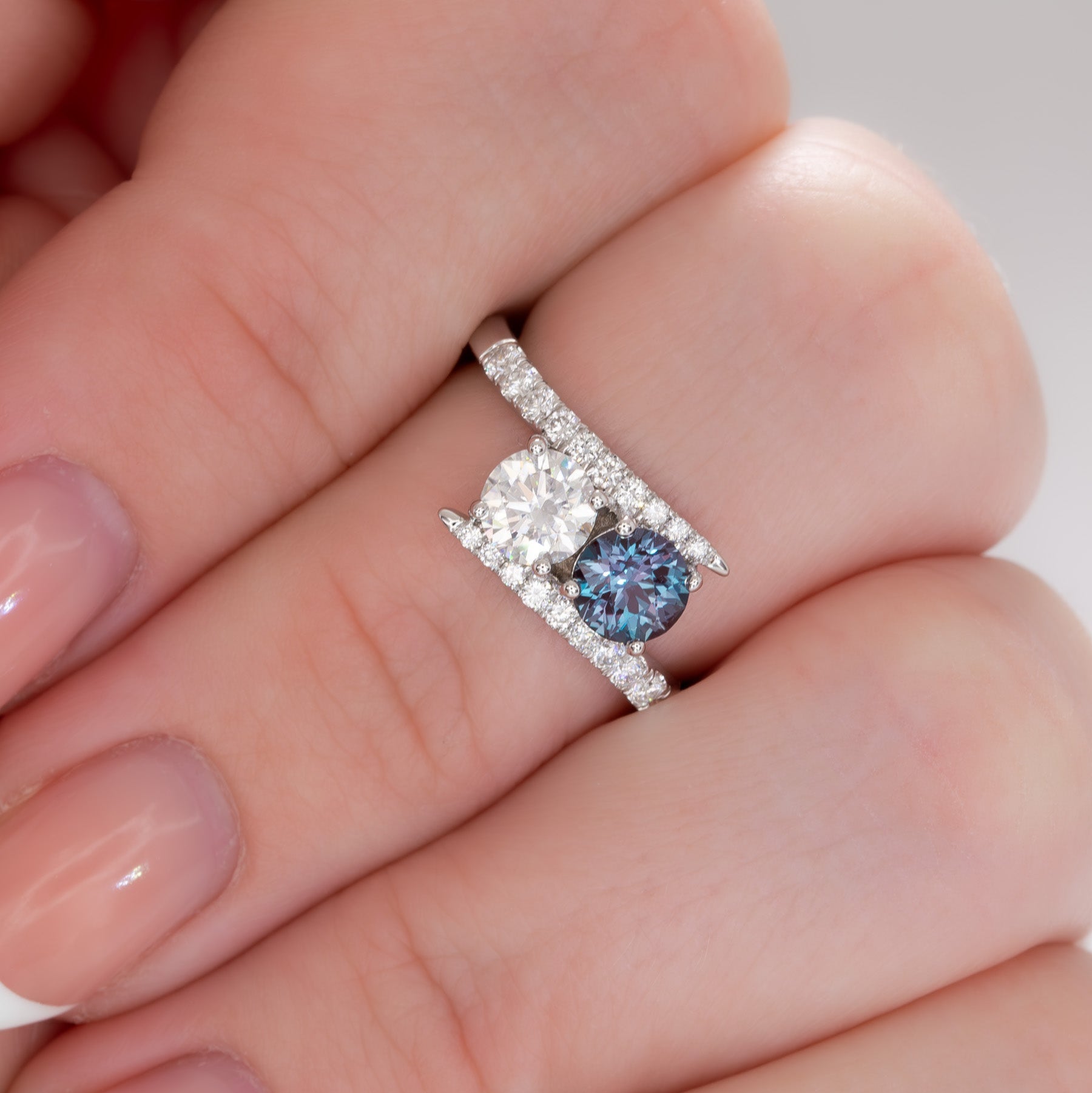 wendy toi et moi ring with moissanite and lab alexandrite rounds