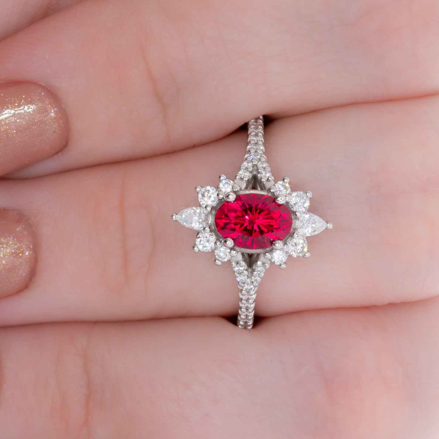 white gold luna engagement ring with oval lab ruby