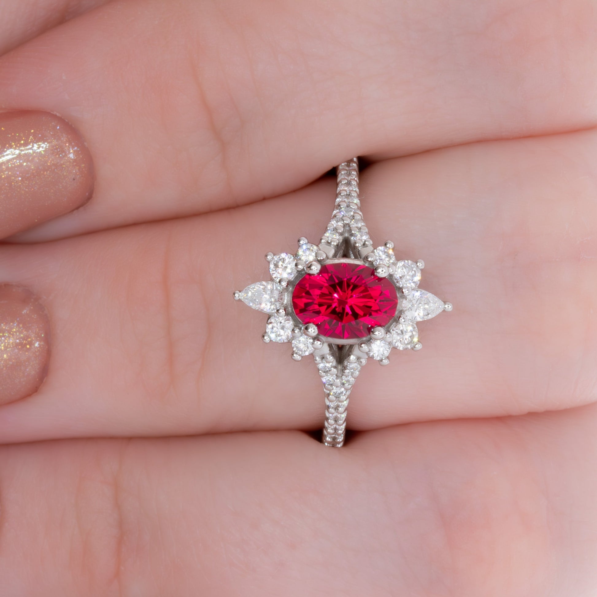 white gold luna engagement ring with oval lab ruby