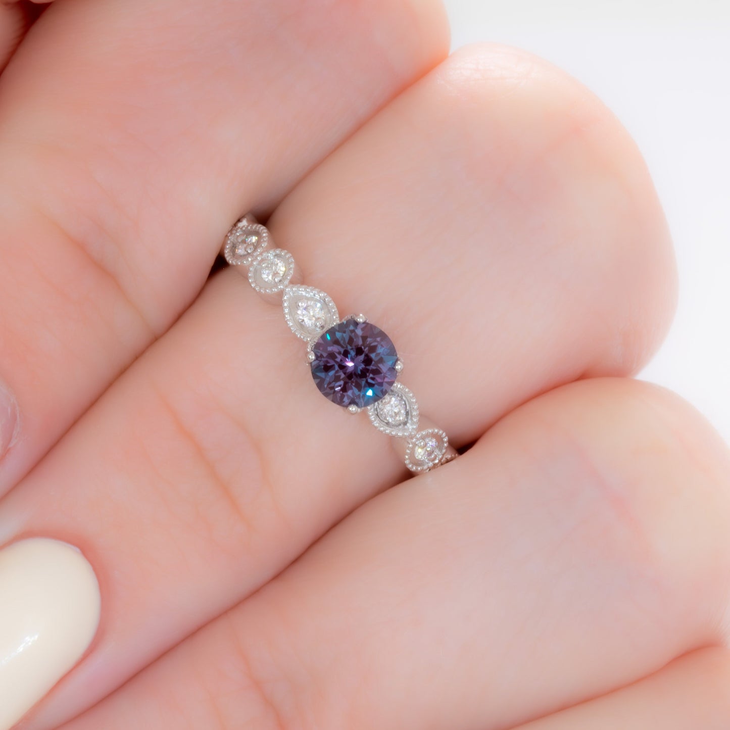 willow engagement ring with round lab alexandrite in white gold