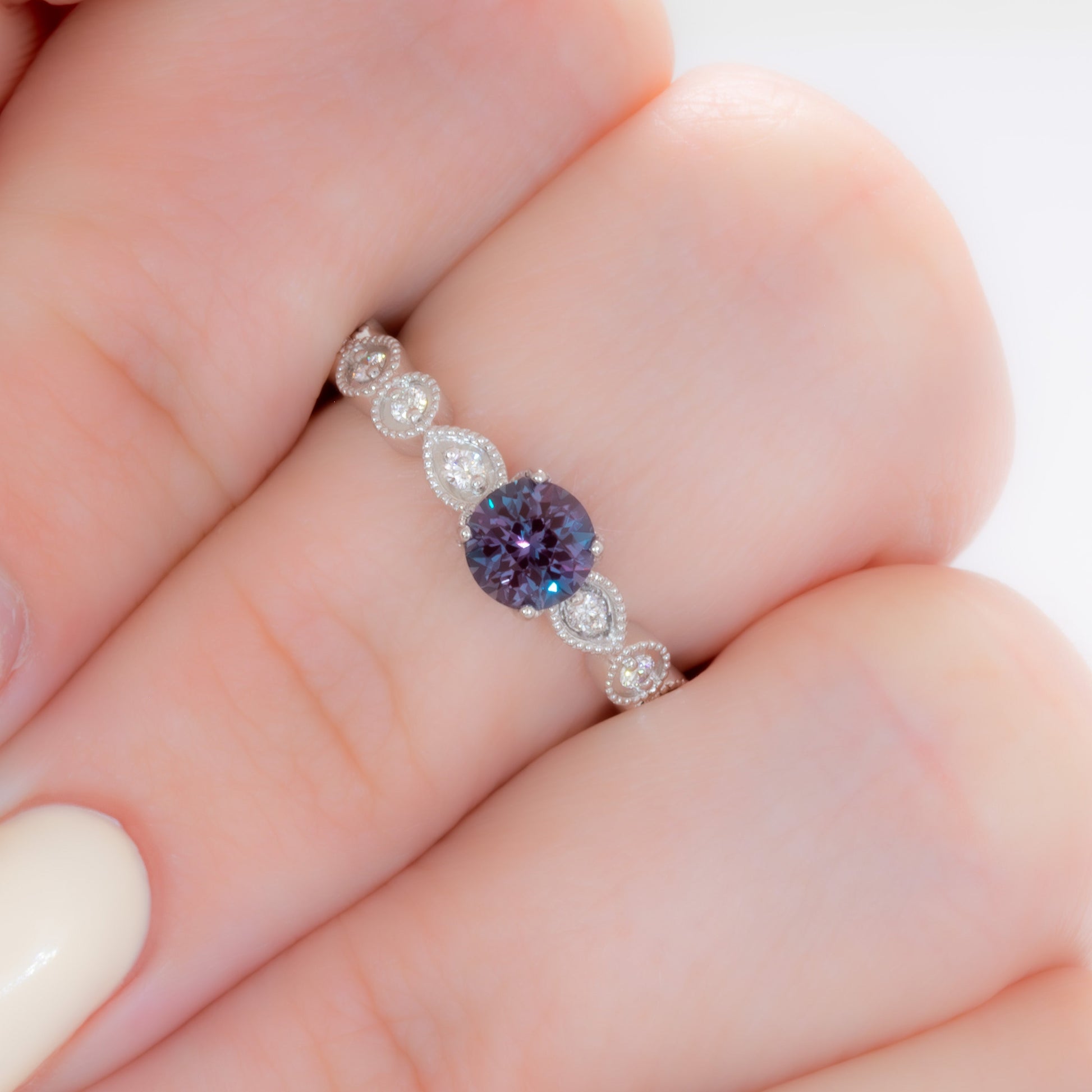 willow engagement ring with round lab alexandrite in white gold