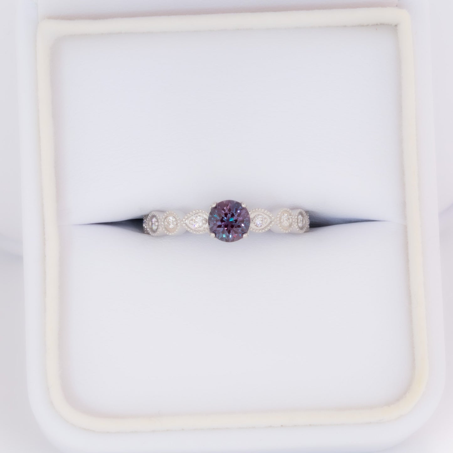 willow engagement ring with round lab alexandrite in white gold