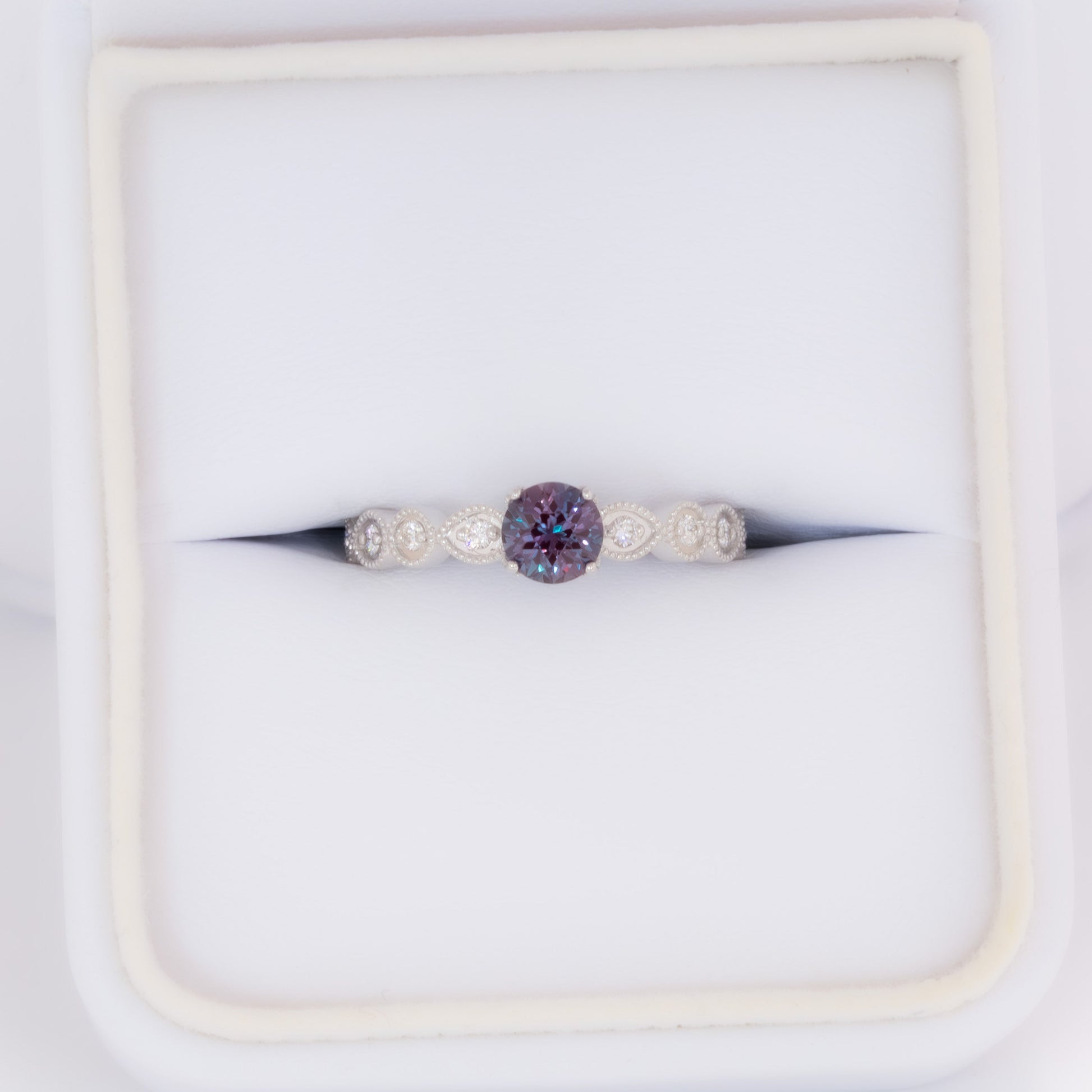willow engagement ring with round lab alexandrite in white gold