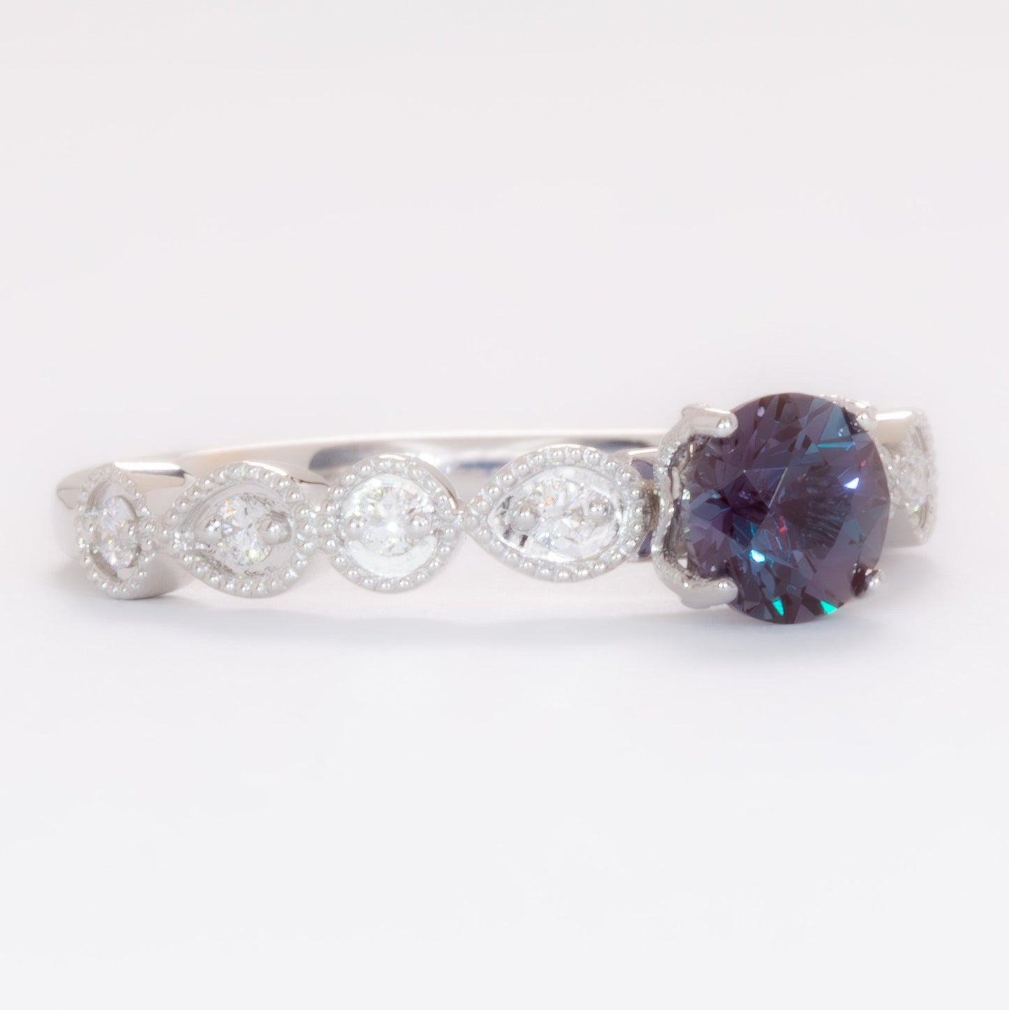 willow engagement ring with round lab alexandrite in white gold