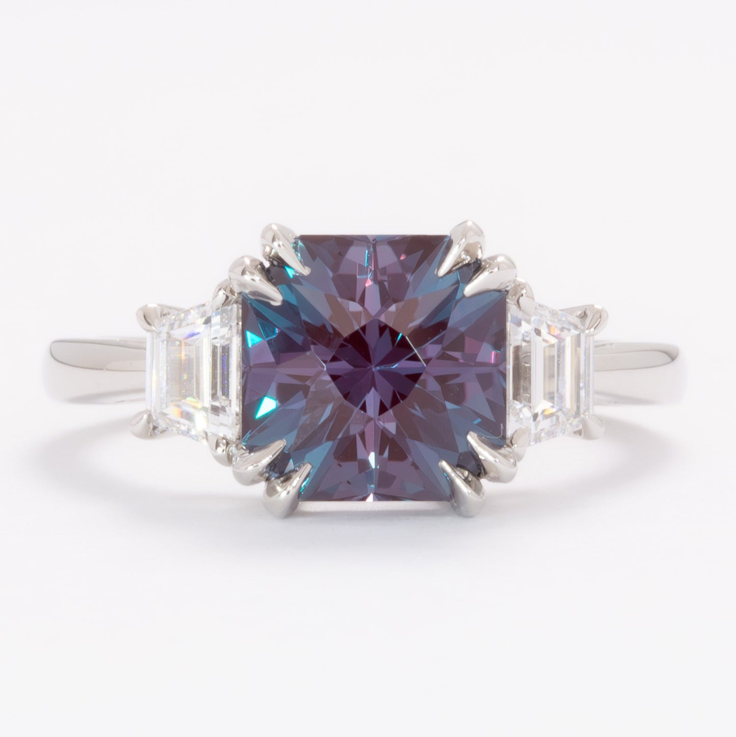 winona three stone engagement ring with asscher lab alexandrite