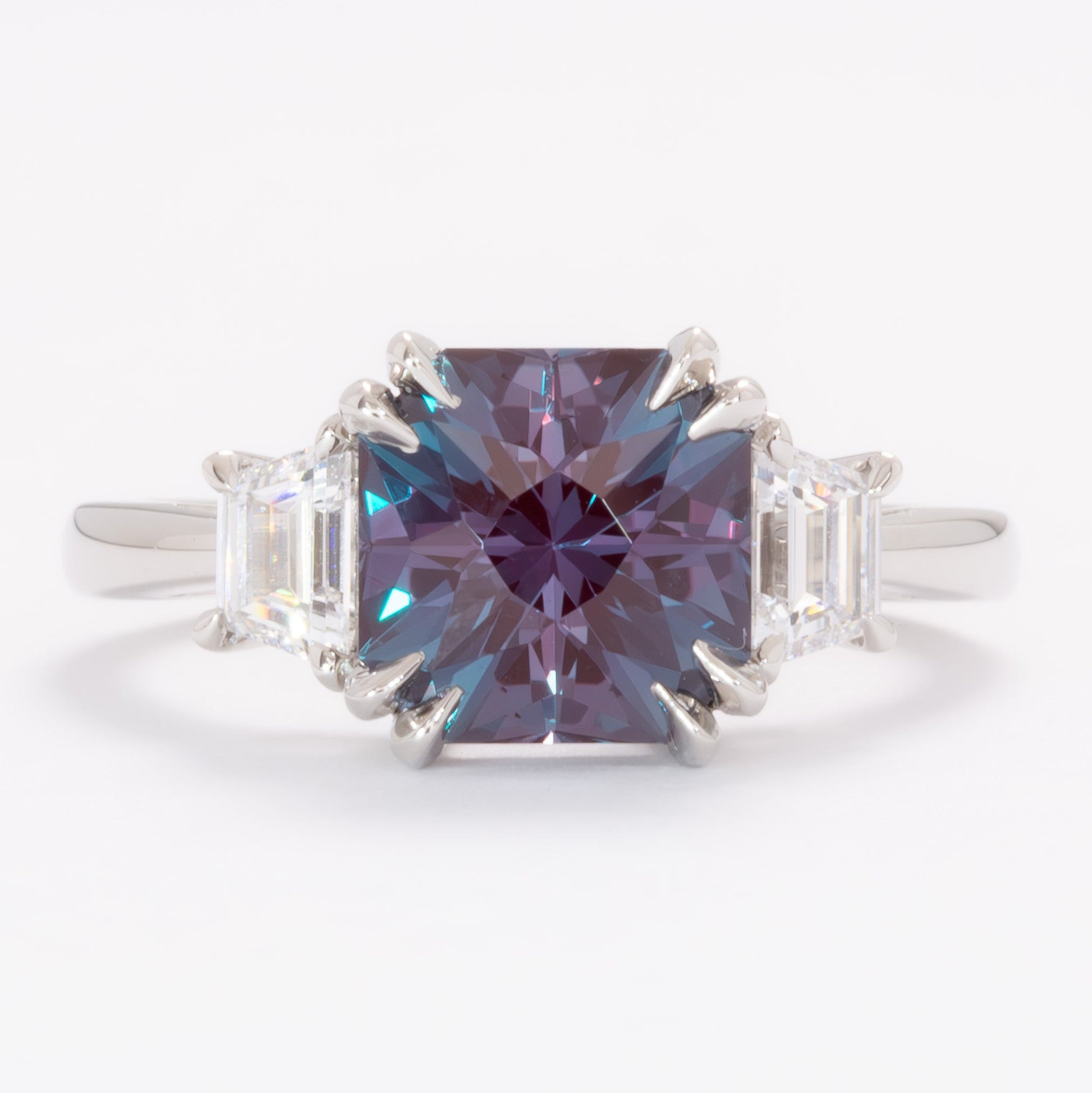 winona three stone engagement ring with asscher lab alexandrite