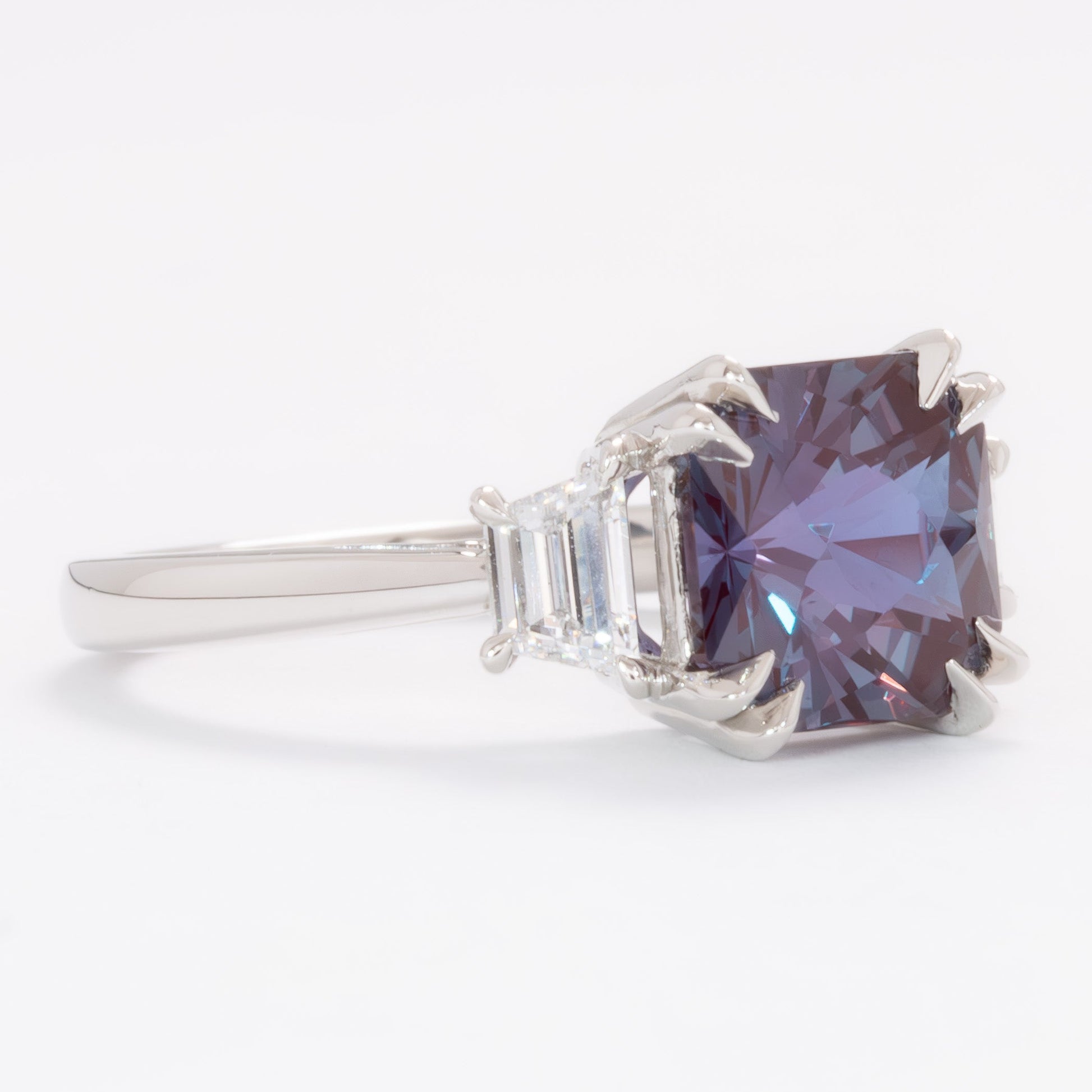 winona three stone engagement ring with asscher lab alexandrite