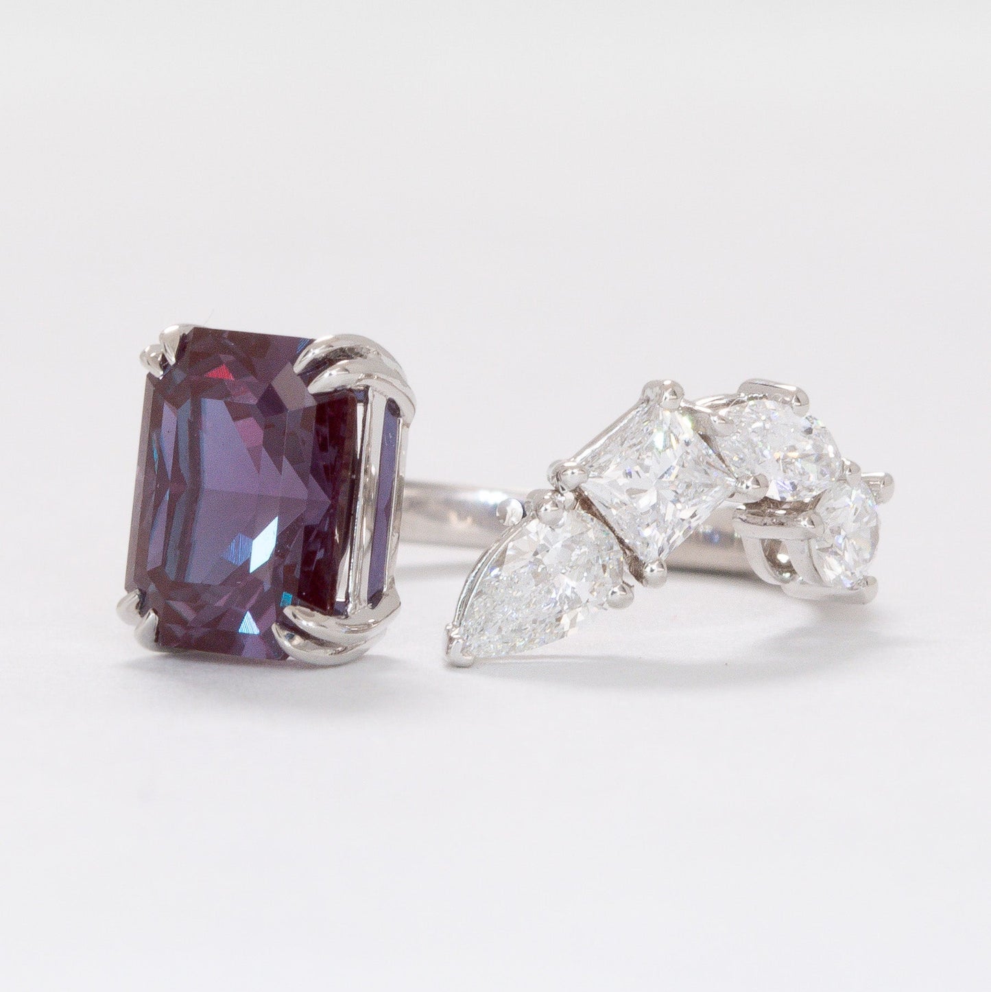 wrap around ring with lab diamonds and radiant lab alexandrite