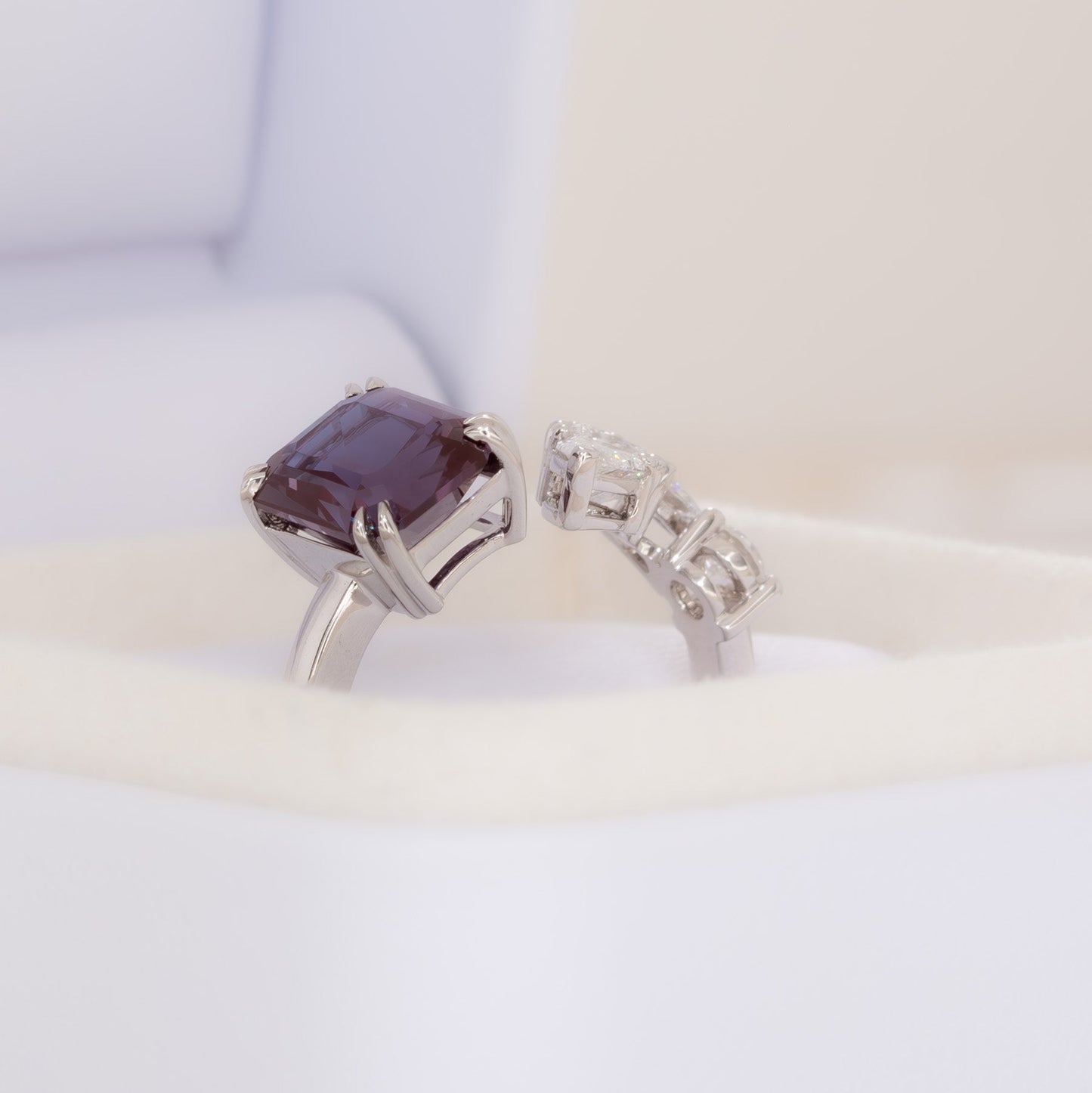 wrap around ring with lab diamonds and radiant lab alexandrite