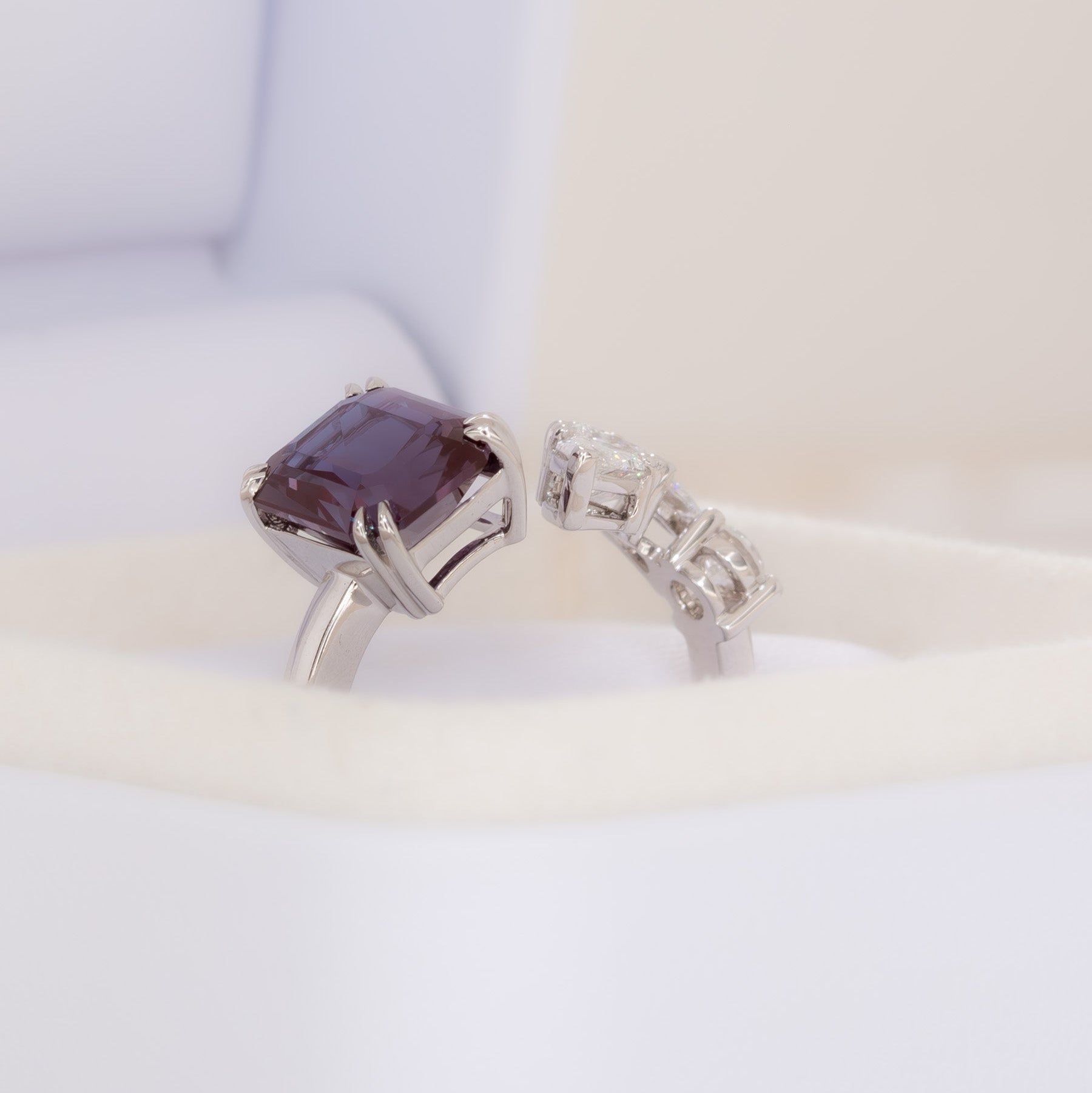 wrap around ring with lab diamonds and radiant lab alexandrite