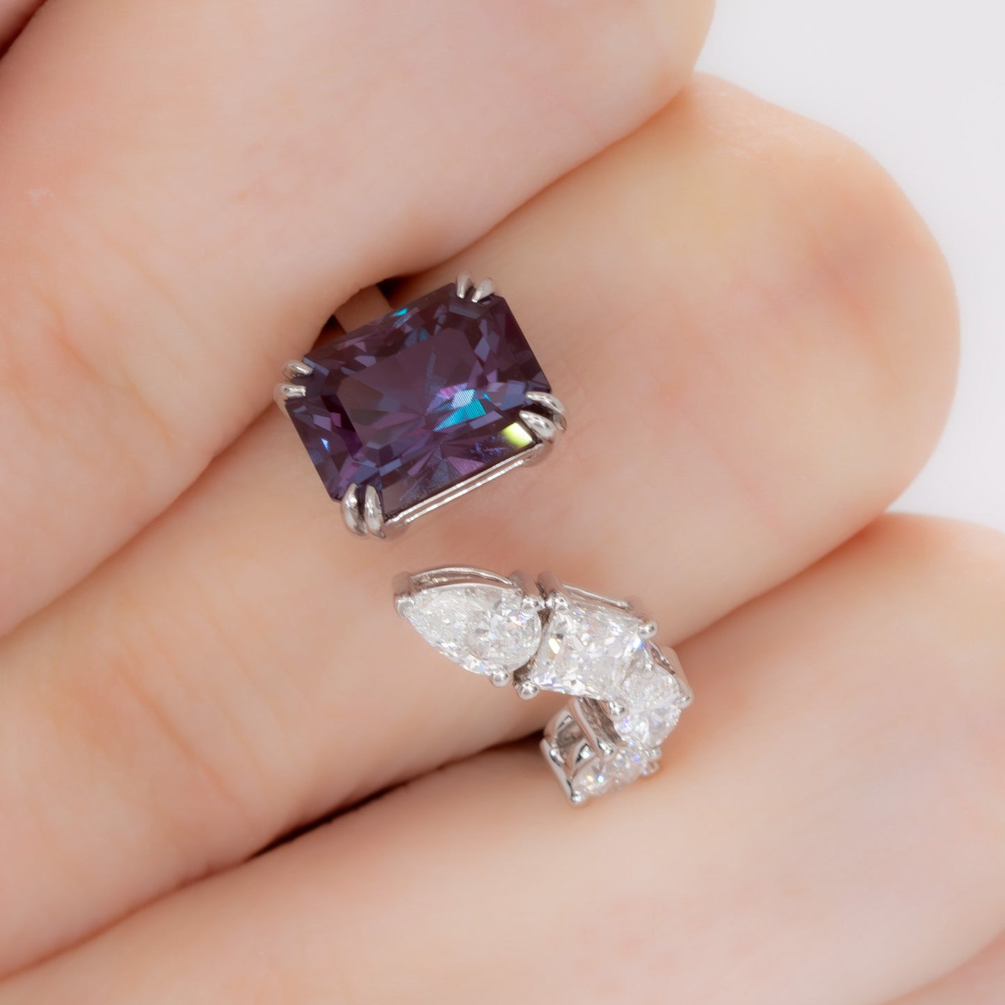 wrap around ring with lab diamonds and radiant lab alexandrite