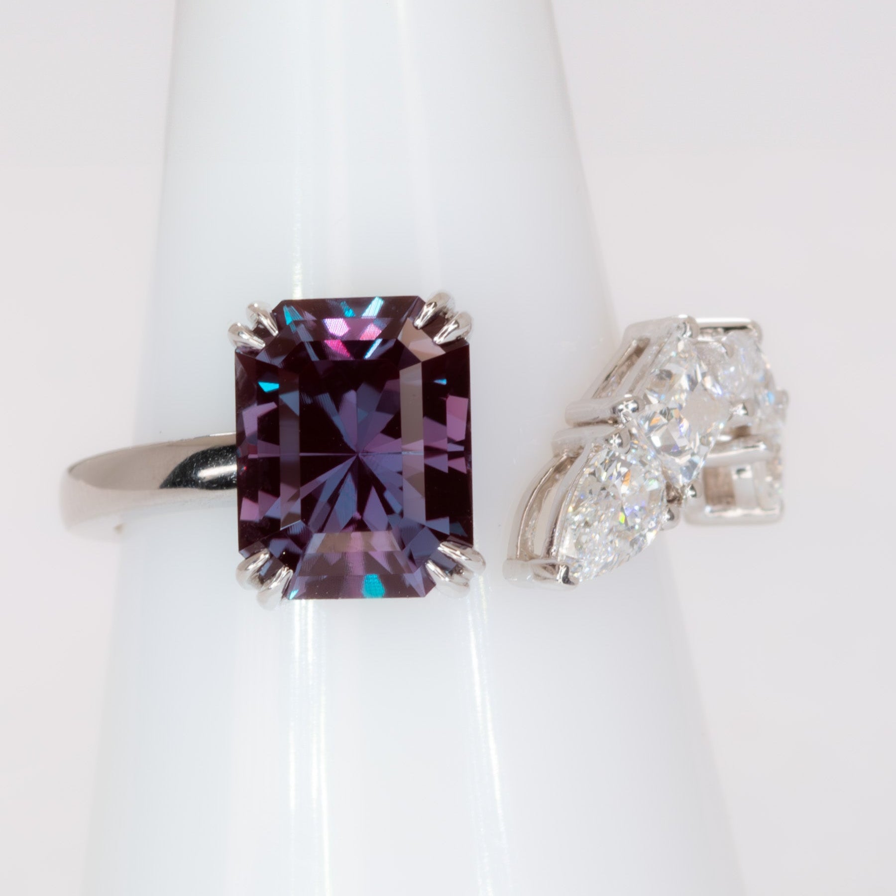 wrap around ring with lab diamonds and radiant lab alexandrite
