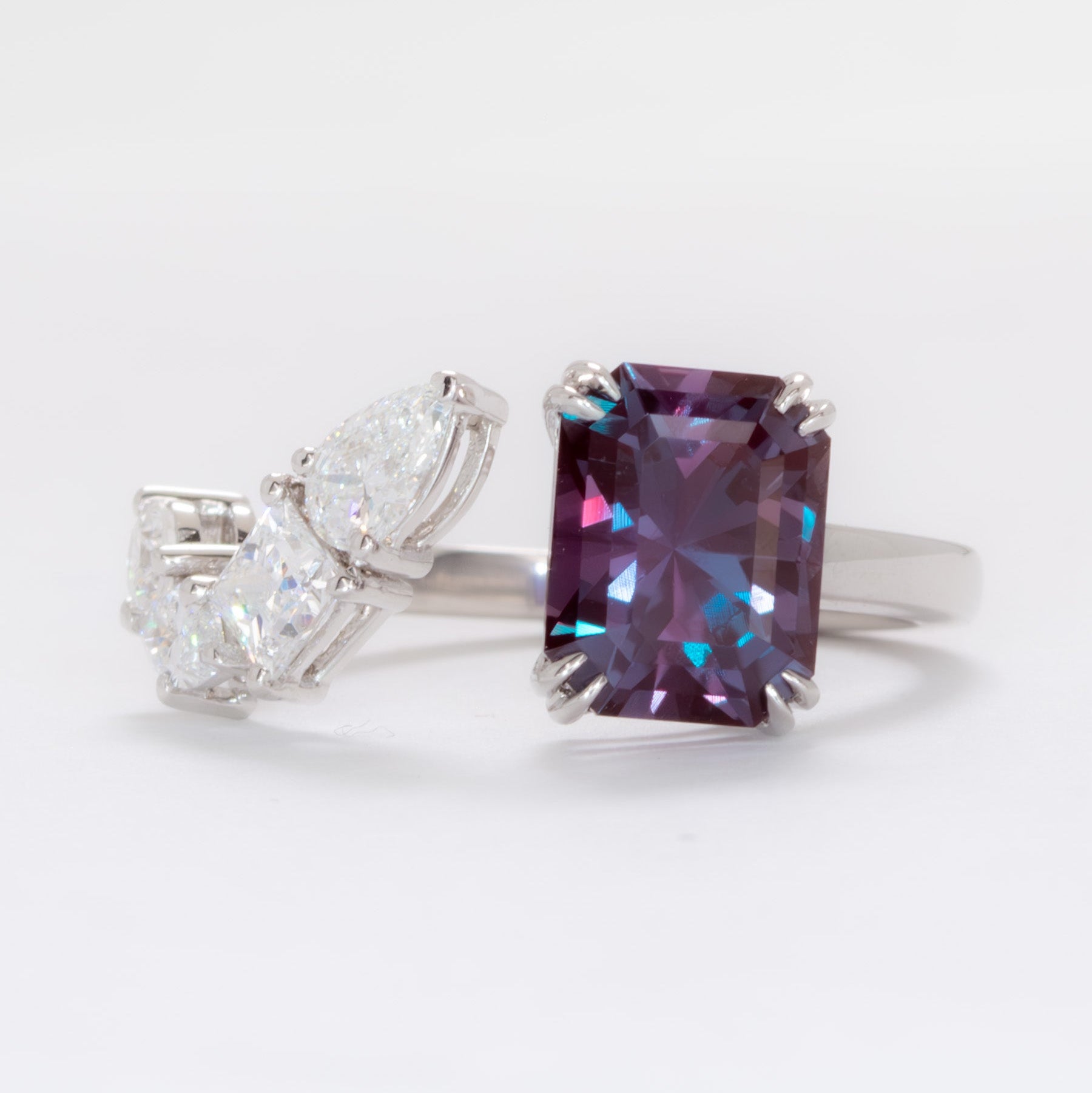 wrap around ring with lab diamonds and radiant lab alexandrite