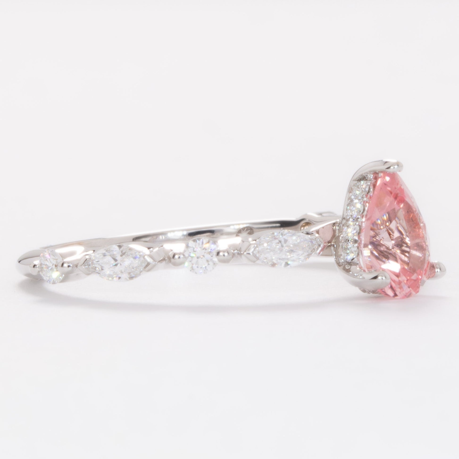 wren engagement ring in white gold with pink pear lab sapphire