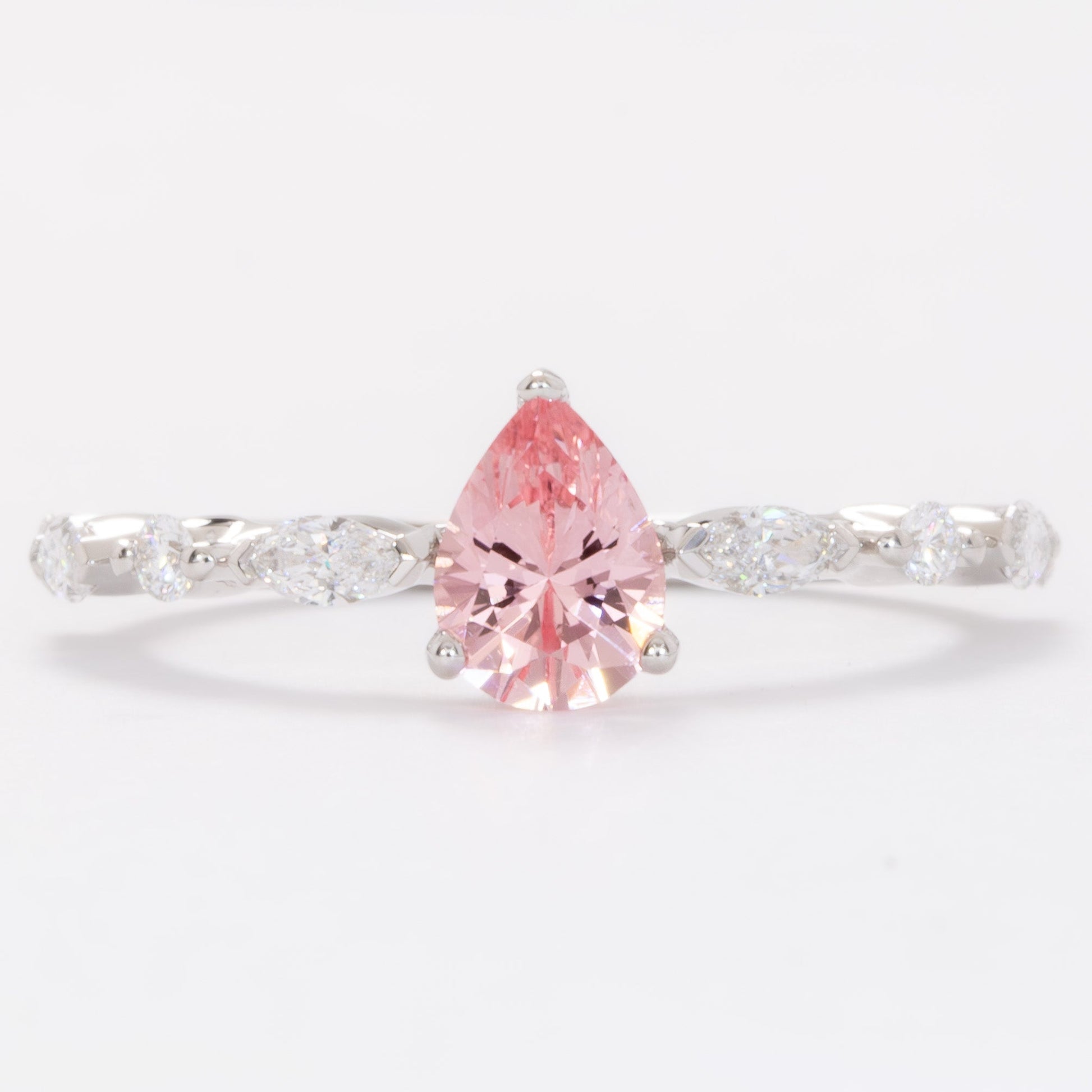 wren engagement ring in white gold with pink pear lab sapphire