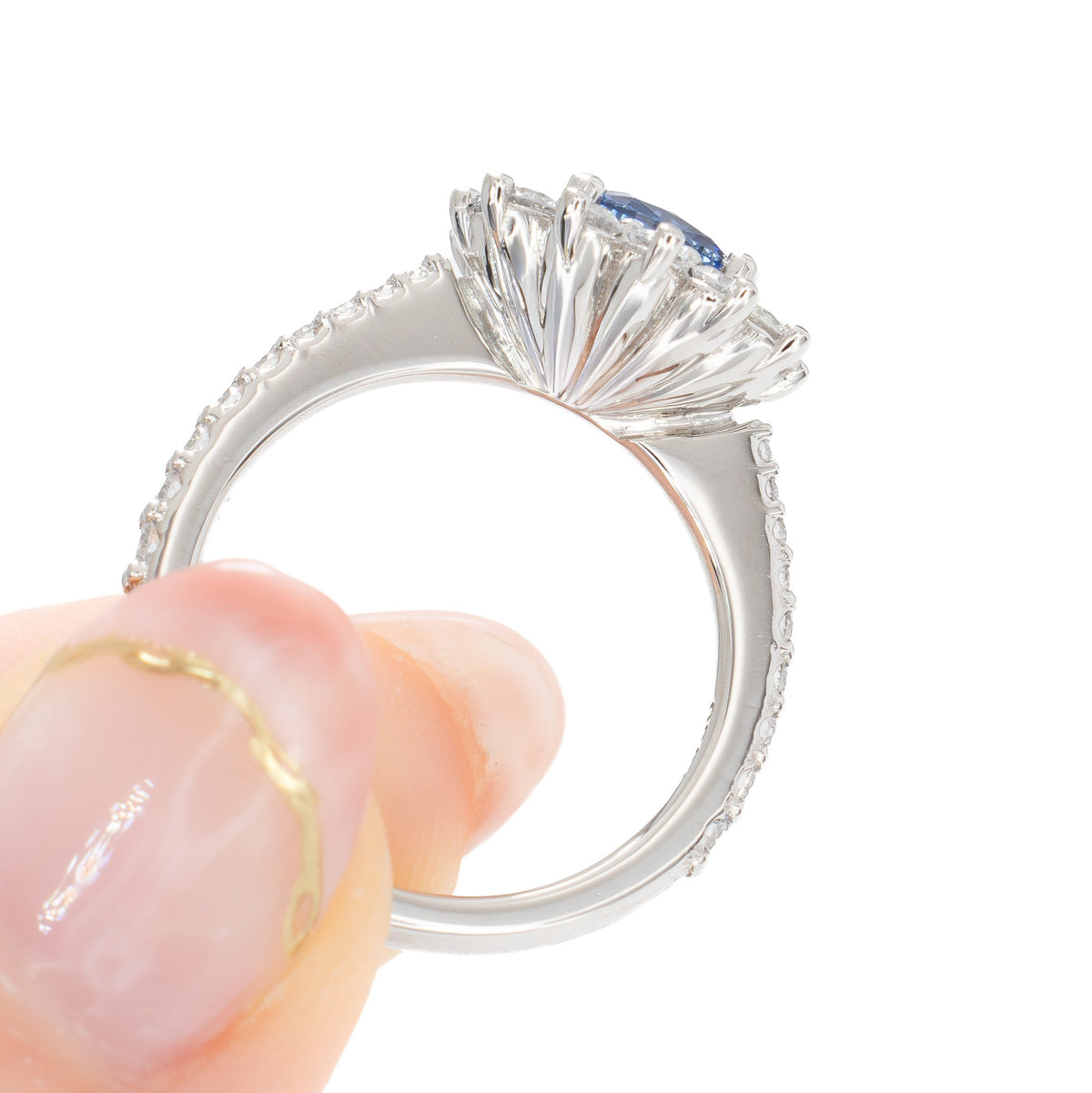 zena halo ring in platinum with cushion periwinkle lab sapphire