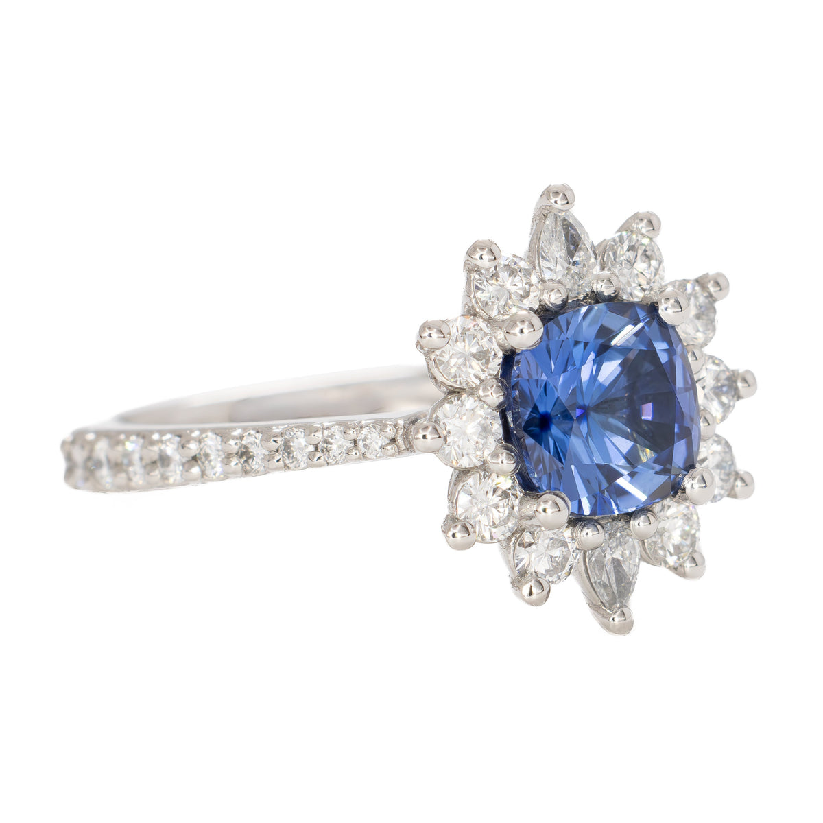 zena halo ring in platinum with cushion periwinkle lab sapphire