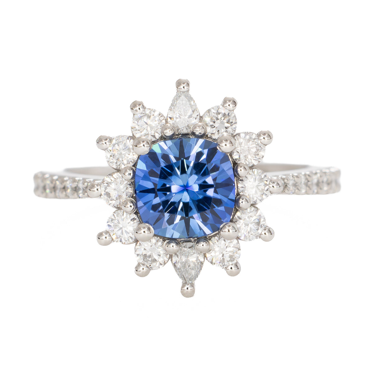 zena halo ring in platinum with cushion periwinkle lab sapphire